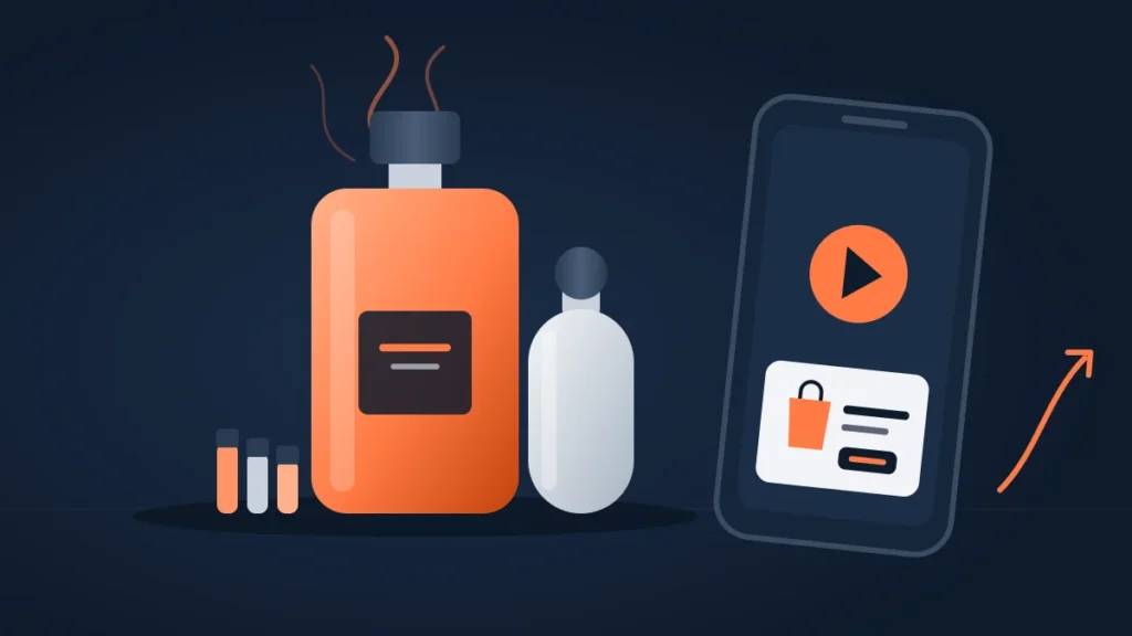 Illustration of perfume bottles, sample vials and a phone showing a TikTok Shop product listing